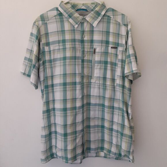 Columbia Omni Shade Adult Mens M Green White Plaid Short Sleeve Vented Shirt - Picture 1 of 8